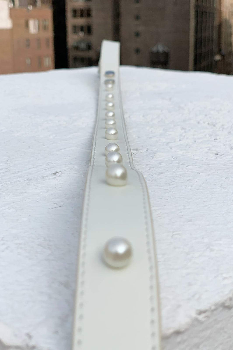 White Leather dog leash with pearls by Shaya Pets.