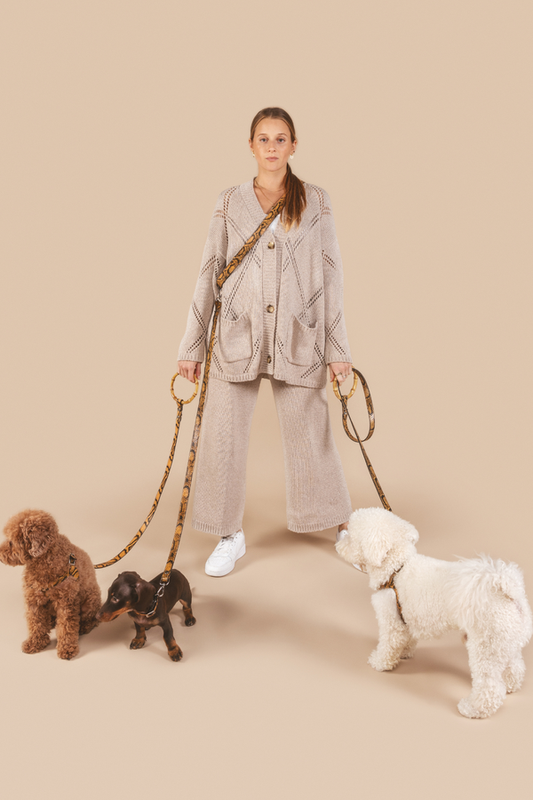 Woman in a beige outfit walking three dogs on leashes against a beige background