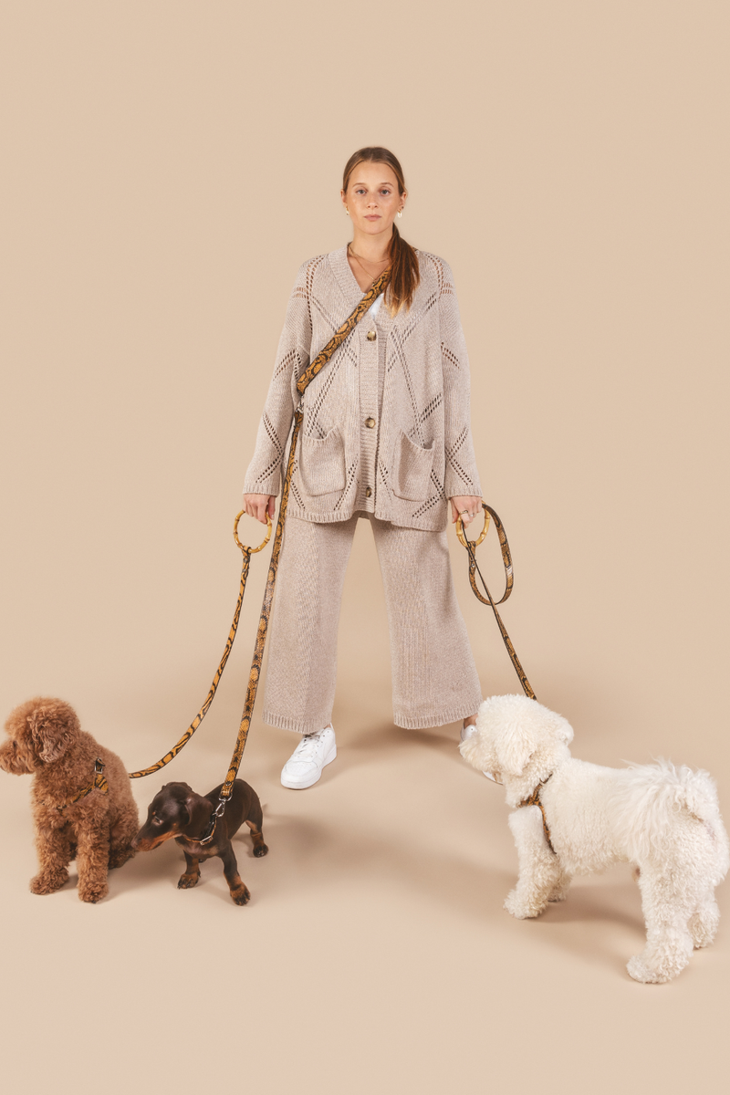Woman in a beige outfit walking three dogs on leashes against a beige background
