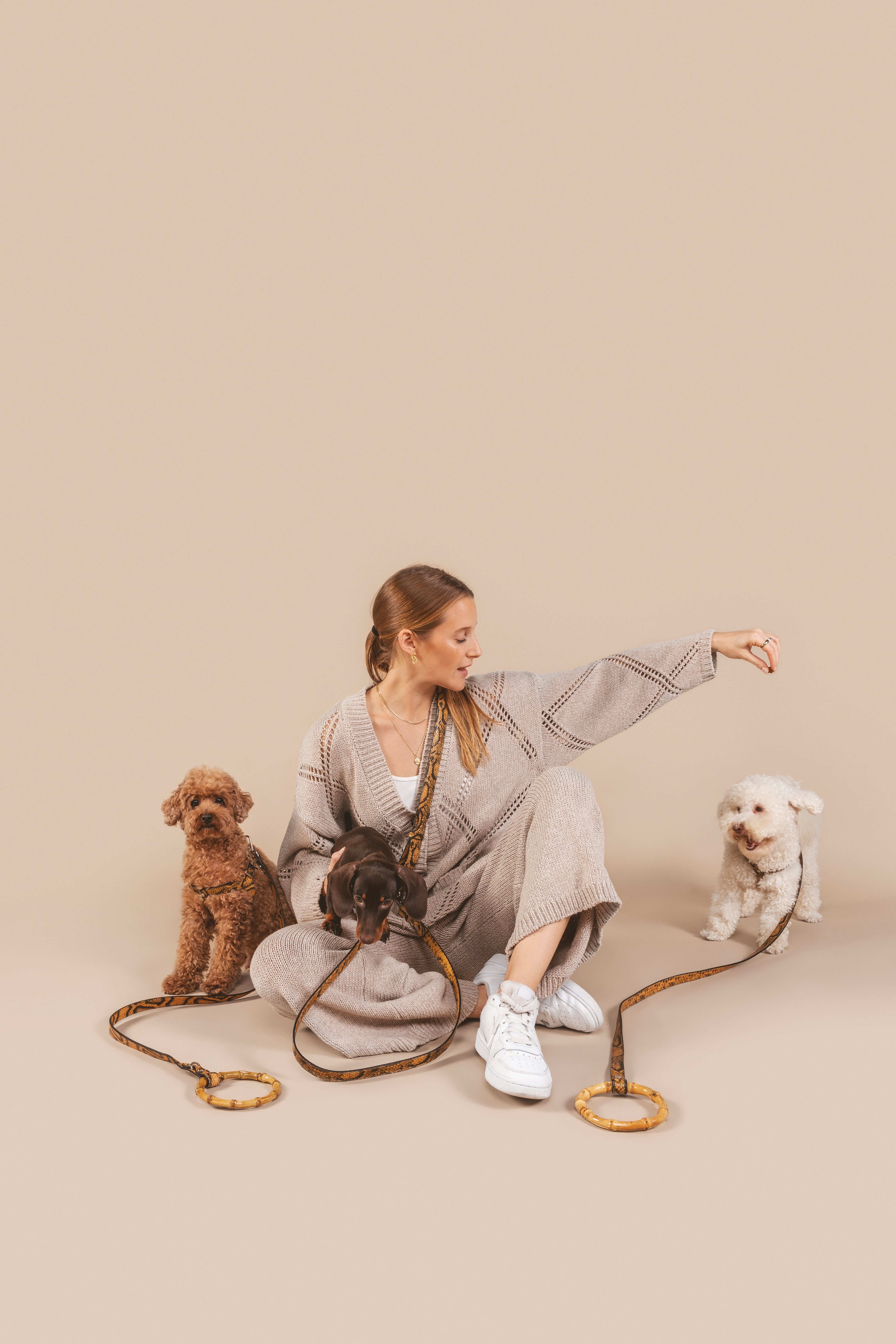 Woman with dogs wearing matching Embossed Yellow and Black Shaya walking accessories