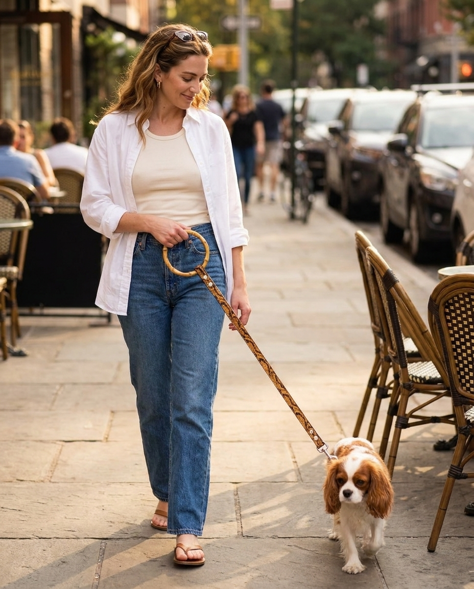Woman walking a dog with the Sasha Embossed Yellow and Black Leash