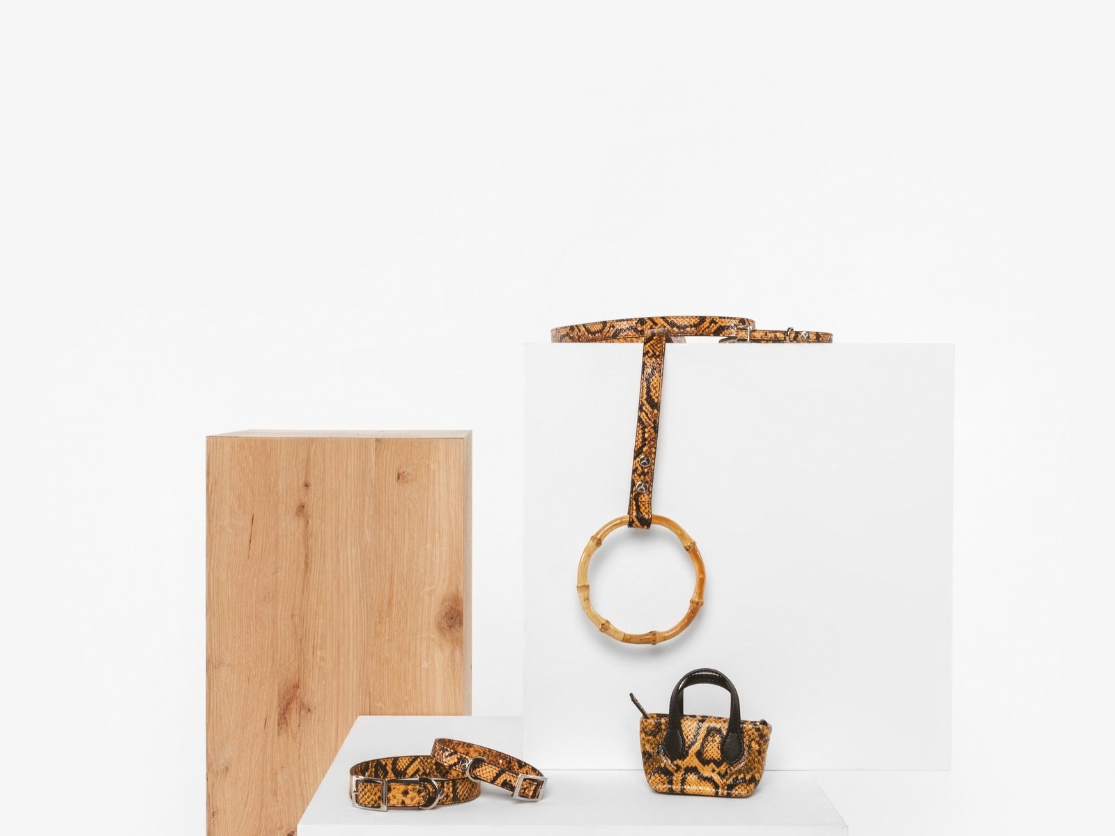 Sasha Leash, Taylor Collar and Clean Up Purse in embossed yellow and black leather, with a dog peeking from below